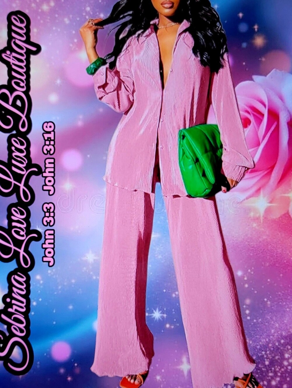 Brand New Soft Pink Pleated Two-Piece Button Front Closure Tunic Top & Pants Set